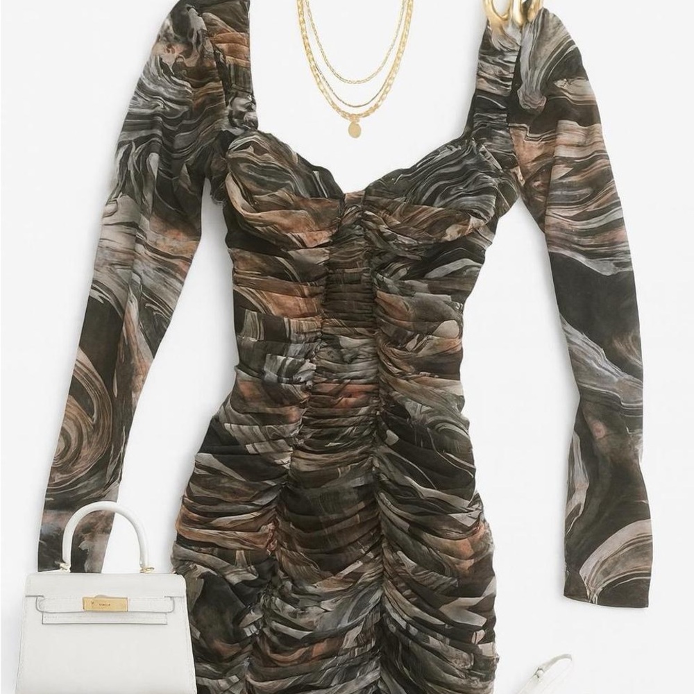 Zara Ruched Long-Sleeve Mini Dress in Brown and Black Marble Print